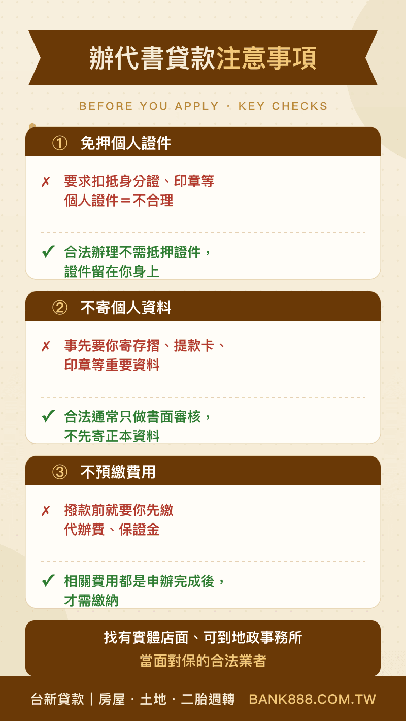 辦理代書貸款注意事項：免押個人證件、不事先寄個人資料只做書面審核、不預繳費用，找有實體店面可到地政事務所當面對保的合法業者