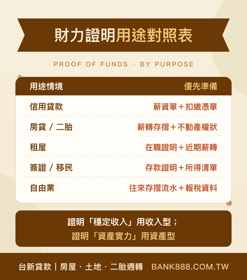 財力證明用途對照表