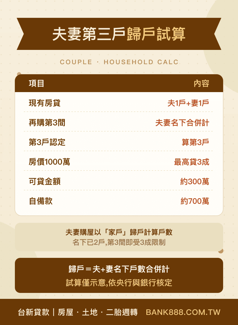 夫妻第三戶歸戶試算:夫1戶+妻1戶合購第3間(1000萬)算第三戶,最高貸3成=約300萬,自備款約700萬